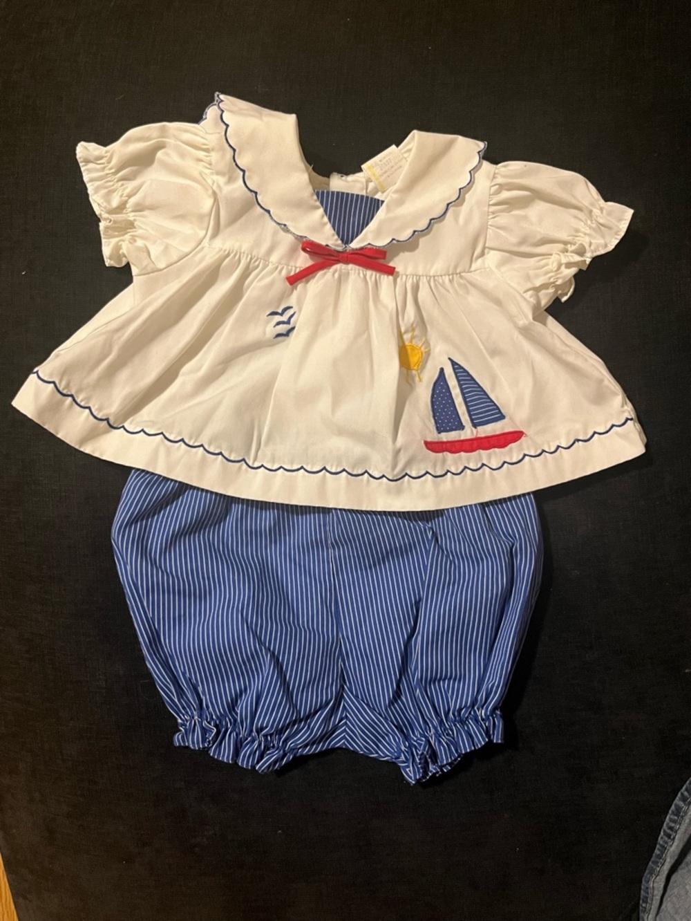 Vintage Baby Nautical Outfit 3-6 Months Sailboat Embroidered Bloomer Set